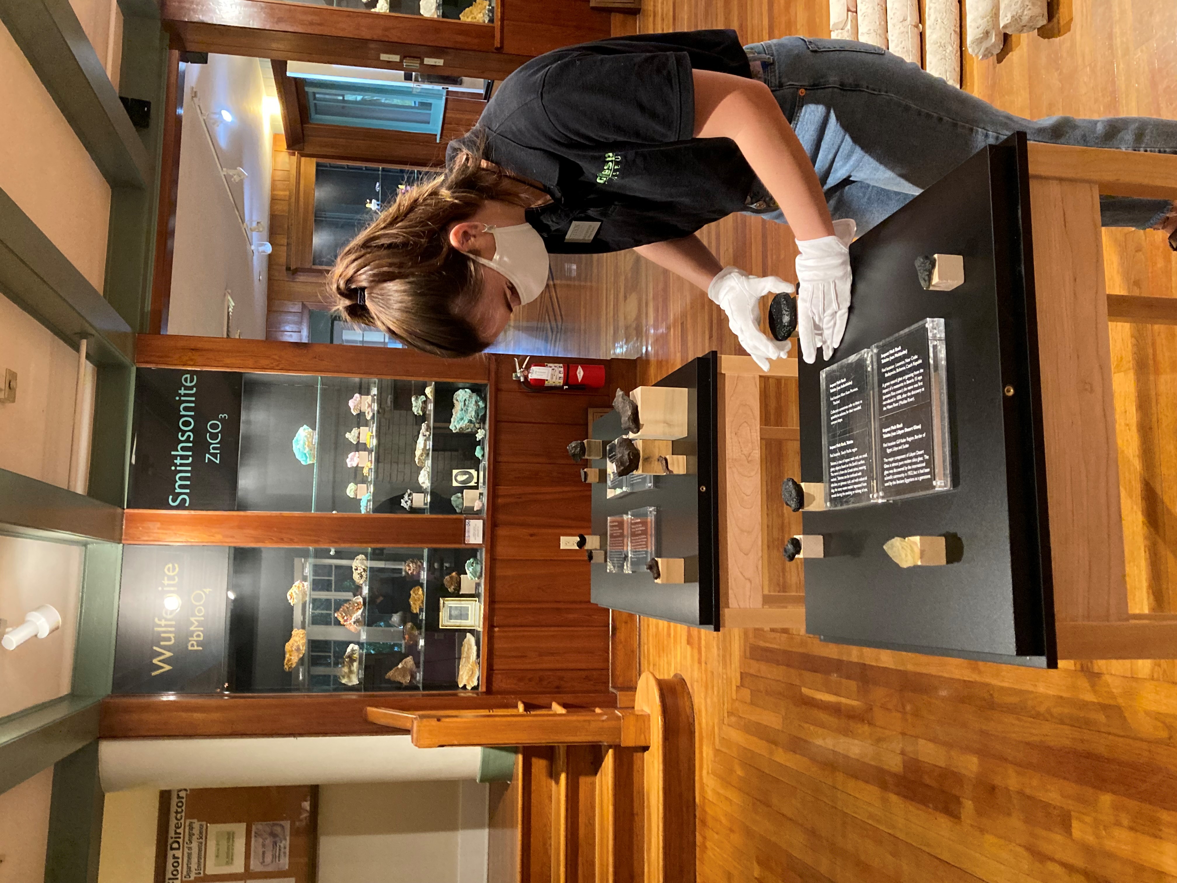 Gillespie Museum staffer arranging meteorite display